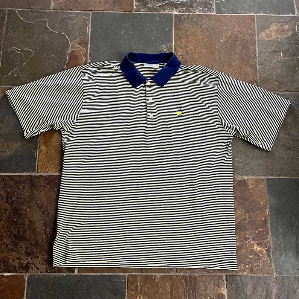 Navy Striped Yellow Polo Shirt with Blue Collar